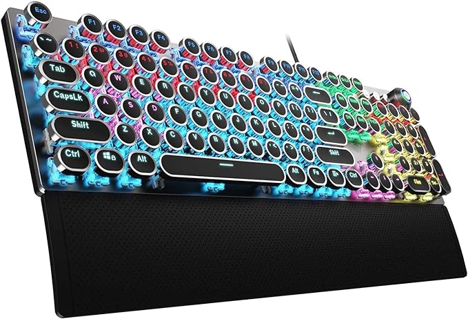 AULA F2088 Typewriter Style Mechanical Gaming Keyboard Blue Switches,Rainbow LED Backlit,Removable Wrist Rest,Media Control Knob,Retro Punk Round Keycaps,USB Wired Computer Keyboard