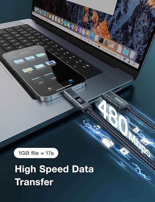 4 in 1 USB C Cable with Wattage Display, 65W Round Nylon Braided Multi Charging Cable with Data Sync, USB C Charging Cord Combo Type C/USB A/iPhone Port for iPhone/iPad/Samsung/Laptop, 3FT