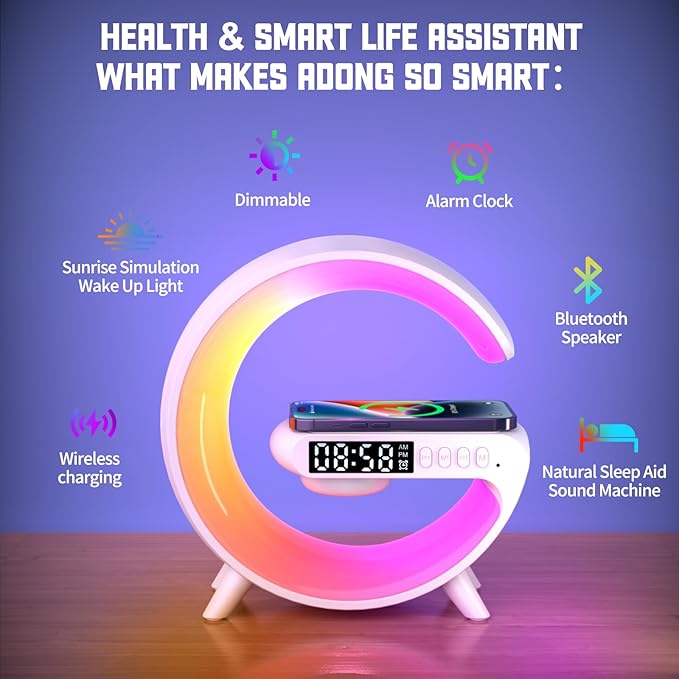 Mini LED Table Lamp with 4-in-1 Wireless Charger, Night Light, Sunrise Alarm Clock, Bluetooth Speaker, Smart Atmosphere Table Lamp for Bedroom, Office, Home Decor (White)