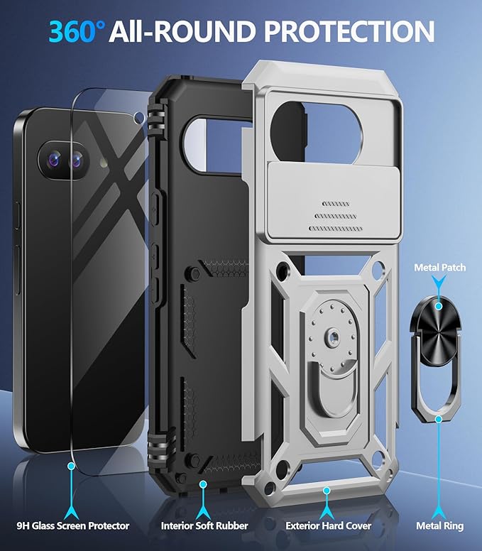 Taisairu for Google Pixel 9A Case with Screen Protector & Slide Camera Lens Cover, Built-in 360°Rotate Magnetic Ring Stand Shockproof Protective Phone Case for Google Pixel 9A Case (Silver)