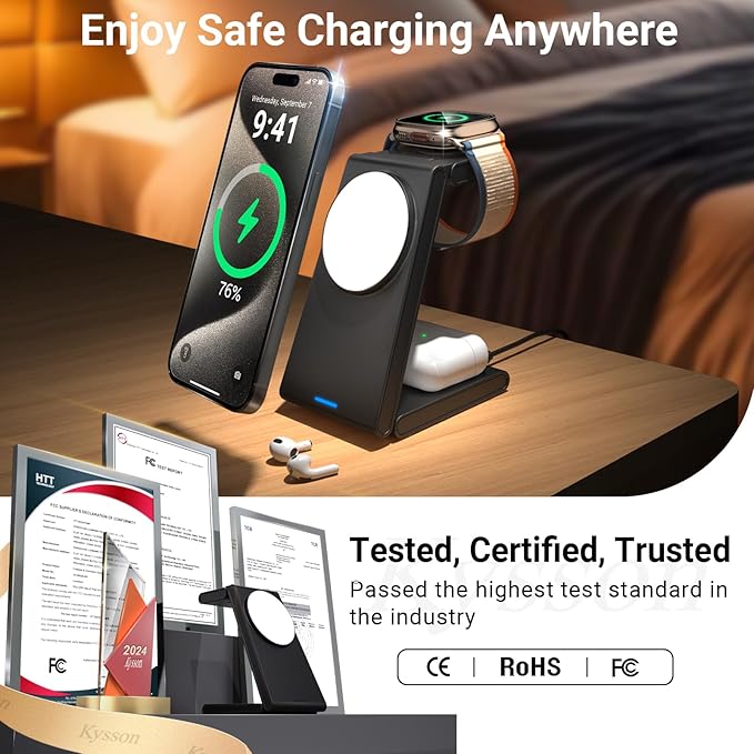 Foldable 3 in 1 Charging Station for Multiple Devices, Travel Wireless Charger for MagSafe Charger Stand, Magnetic Charging Stand for iPhone 16/15/14/13/12 for iWatch AirPods Black