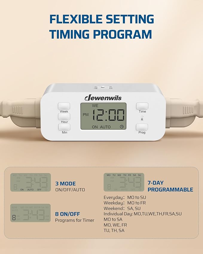DEWENWILS 7 Day Heavy Duty Timers for Electrical Outlets, 2 Pack Dual Outlet Digital Timer, 3 Prong Programmable Light Timer for Indoor Lamp, Light, Fan, Pets, Home, Kitchen, Office, 125V 60Hz