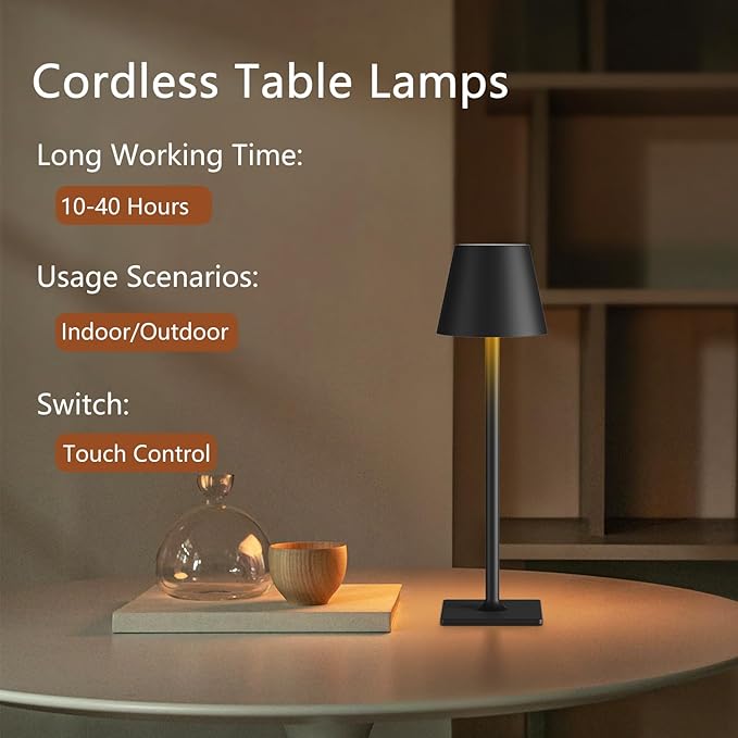 4 Pack Cordless Table Lamps, Portable Rechargeable Lamp, 6000mAh Battery Operated, 3 Color Dimmable LED Table Light for Restaurant/Bedroom/Outdoor Party/Camping/Cafe Night Light(Black)
