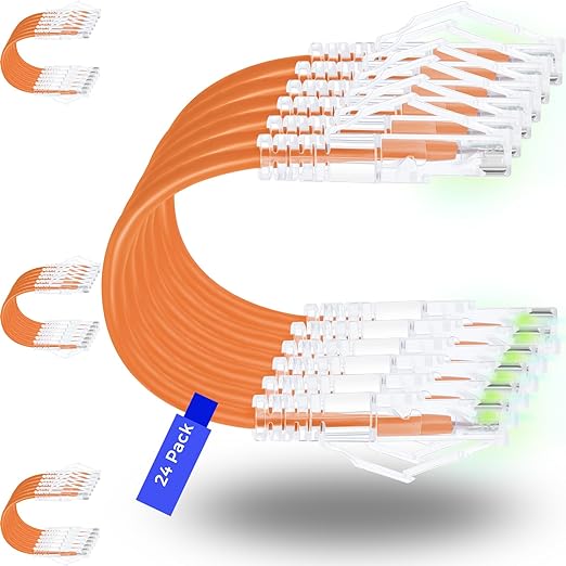 Rapink Patch Cables Cat6/ Cat6a 0.5ft (24 Pack) Slim, Cat6a Ethernet Patch Cable 10G Support, Snagless Cat 6 Patch Cable for Patch Panel to Switch, Flexiable Cat6 Ethernet Cable Orange