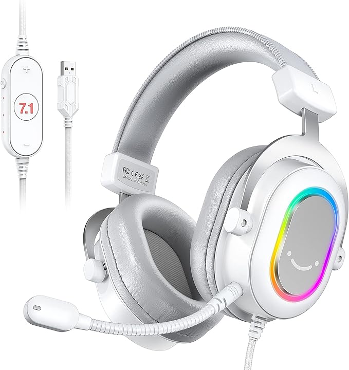 FIFINE USB Gaming Headset, PC Headphones Wired with Microphone for Computer/Laptop, Over-Ear RGB Headset with 7.1 Surround Sound, Noise Cancellation for Streaming Video Game- AmpliGame H6 (White)