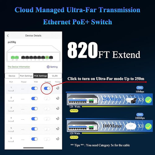 10-Port PoE Switch (8 PoE Ports@120W Built-in Power, 2 Uplink) with Extend Function, Managed Ethernet Switch, Plug & Play, Fanless Metal Design, VLAN, Qos,Desktop/Wall Mount