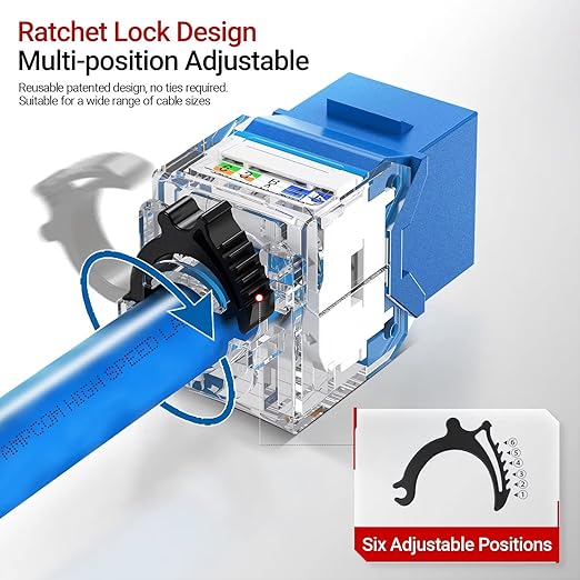 AMPCOM CAT6A UTP RJ45 Keystone Jack 50u Gold Plating Reusable Ethernet Wall Jack with Adjustable Ratchet Lock (No Tool and Zip Tie Required) - Blue (12-Pack)