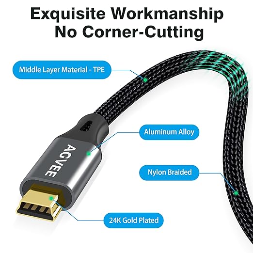 AGVEE 3.3ft Mini USB Cable, Braided Durable USB-A to Mini-B Charger Charging Cord for TI-84, Garmin GPS, Go-Pro Hero 4 3 2 HD, PS3 Controller, Canon Camera, Blue Yeti Microphone, Dark Gray