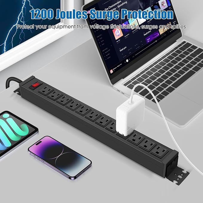 2Pack Rotating Mountable Power Strip, 12 Outlet Wall Mount Surge Protector, Metal Heavy Duty and Versatile Outlet Strip, Stylish Appearance, Sturdy and Durable, 10ft Power Cord.(Black)