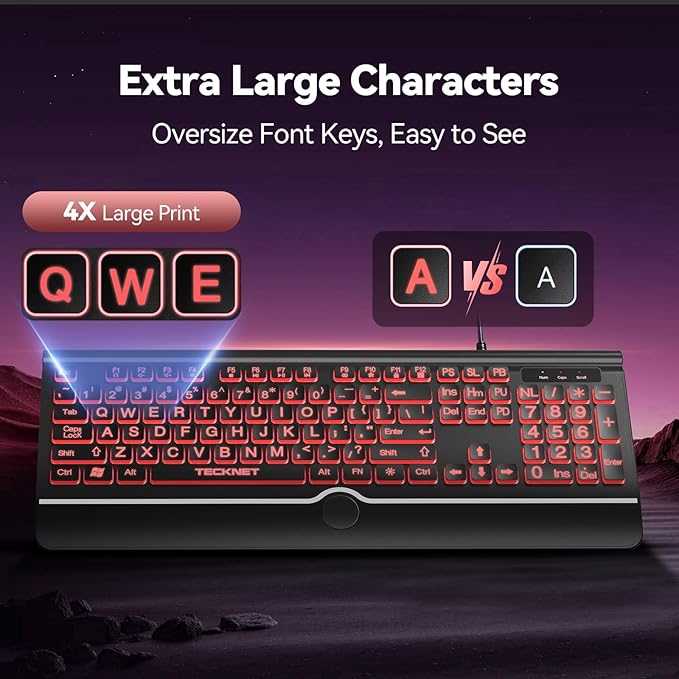 TECKNET Large Print Backlit Keyboard, Wired USB-A Computer Keyboard with Wrist Rest, 7-Color Backlit, Oversized Letter Keys Easy to See, Plug-and-Play, Silent, Foldable Stands for Windows/PC/Laptop