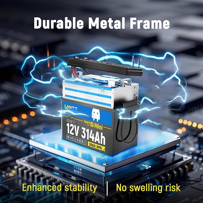 12V 314Ah LiFePO4 Mini Lithium Battery with Bluetooth 5.0, Built-in Metal Frame 200Ah BMS, 4.01kWh Energy, Upgraded Aluminum Cooling Fins, 12v 300ah + Lifepo4 Lithium Batterys