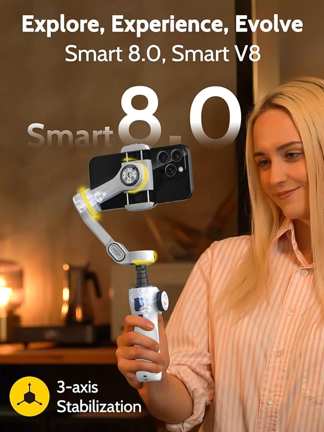 Cellphone Gimbal for Video Recording w/AI Tracking,3 -axis Vlogging Gimbal stabilizer for iPhone w/OLED Display, Smartphone Holder w/7.8' Extension Rod, Trigger Button Smart V8(White)