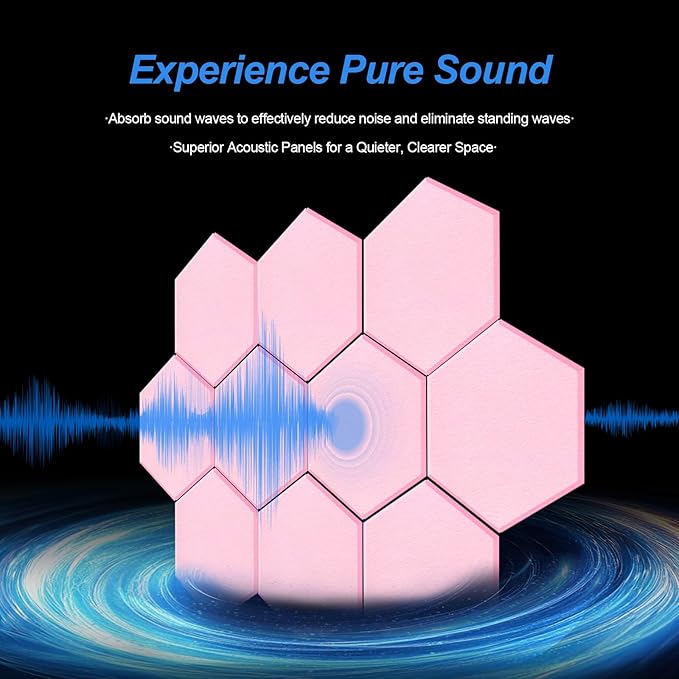 Mollywell Hexagon Acoustic Panels, High Density, Soundproofing, Decorative Noise Reduction Felt Wall Tiles for Ceilings, Home Office & Gaming Room (Cherry Blossom Pink), 14x12x0.4 Inch