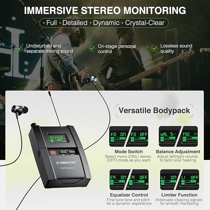 Phenyx Pro Wireless in Ear Monitor System, True Stereo UHF IEM, in Ear Monitors for Musicians, Metal Stage Monitor w/ 89 Frequencies, Rack Mount, for Studio/Band (2 Bodypacks with Transmitter)