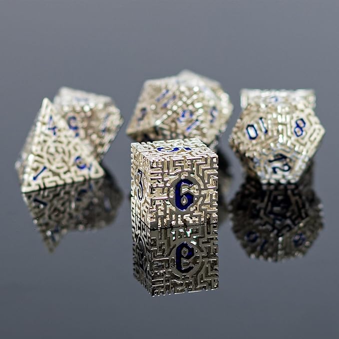Silver Metal Hollow DND Dice Set (Cleric) Metallic Luster Maze Design with Storage Box - Balanced Weight 7 Piece Zinc Alloy, Designed for Dungeons and Dragons DM and Player RPG Accessories