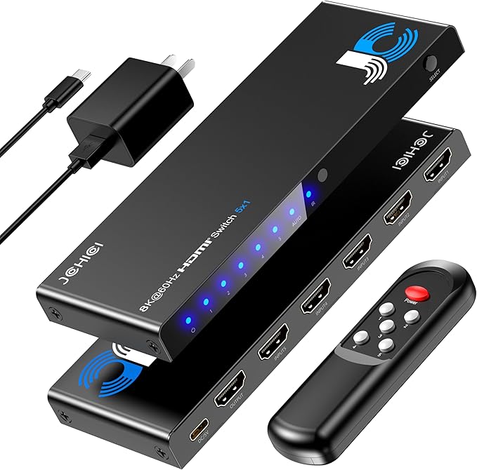 HDMI Switch 5 in 1 Out 8K@60Hz 4K@120Hz - HDMI 2.1 Switcher with Remote, Auto-Switching - Supports HDCP 2.3, HD R10, Dolby Vision, 3D, VRR - Compatible with PS5/Xbox/PC/Blu-ray Player