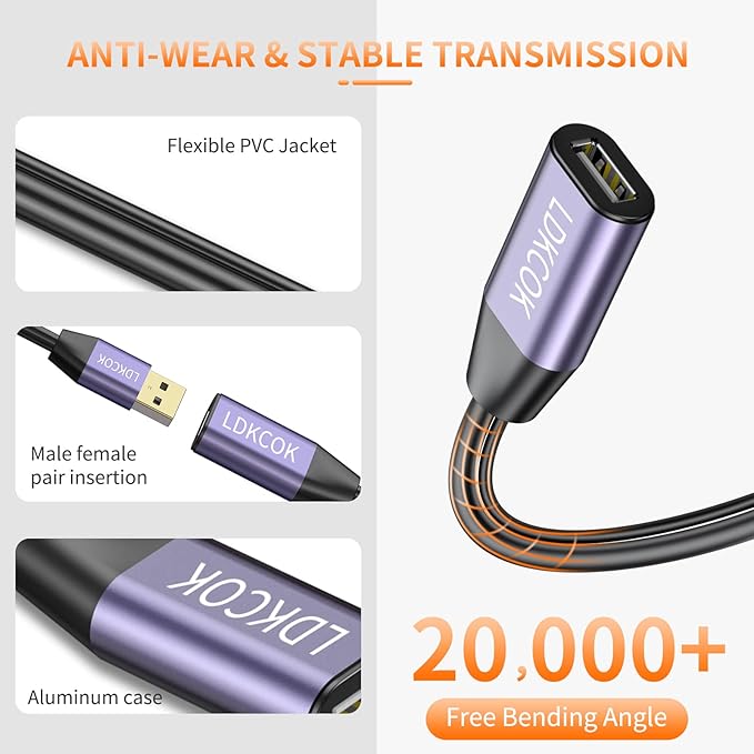 LDKCOK USB 2.0 Type A Male to A Female Active Repeater Extension Cable 60ft, High Speed 480 Mbps