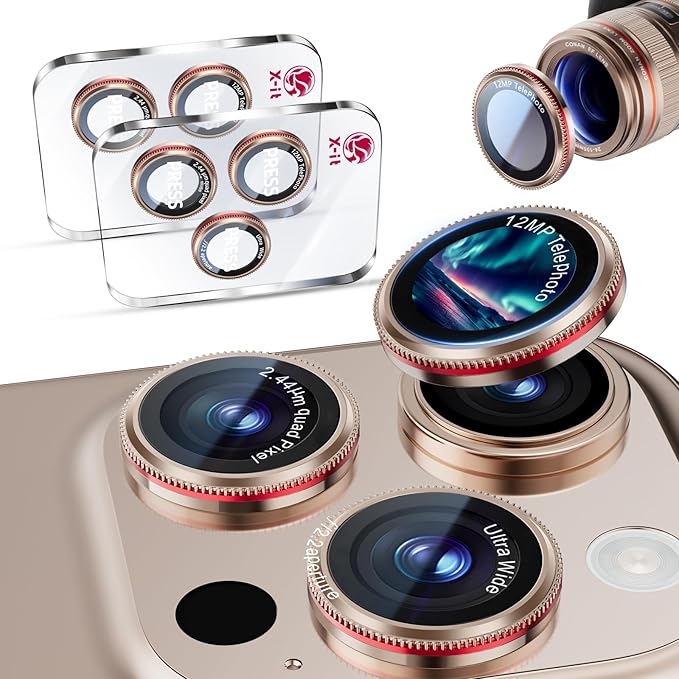 X-it 2 Pack Camera Lens Protector, Shatterproof Protection Anti-Scratch Ultra HD Camera Protector, Anti-Glare 9H Tempered Glass Lens Protector for iPhone 16 Pro Max/16 Pro, Case Friendly, Golden Red