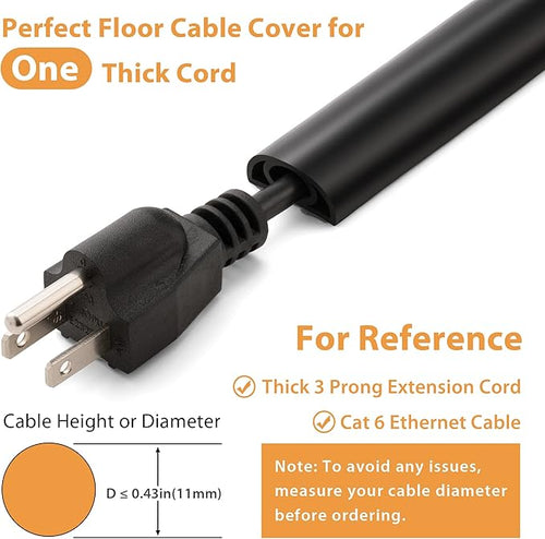 12ft Cord Cover Floor for Extension Cords, Self-Adhesive Floor Cable Cover to Protect Cables & Prevent Tripping, PVC Cord Hider Protector, Internal Wire Management Channel Diameter: 0.39", Black