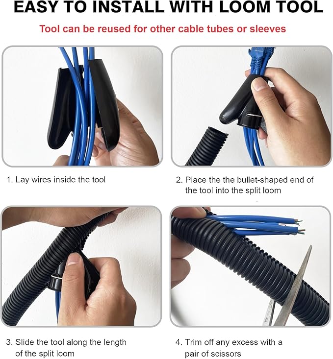 CrocSee 25ft - 1/2 inch Flame Retardant Split Wire Loom Tubing with Installation Tool - Flexible Wire Covers Cord Protectors - Black