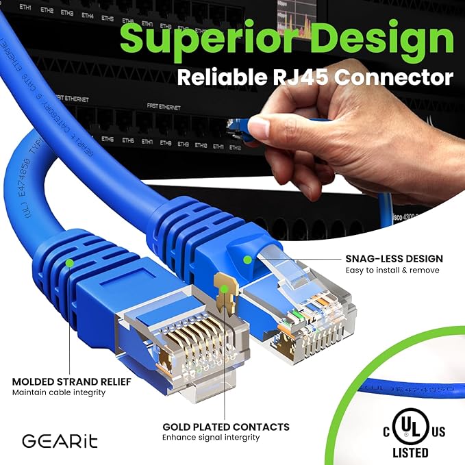 GEARit Cat 6 Ethernet Cable (1-Pack 3 Feet) Cat6 Network Patch, 10Gbps, RJ45, Snagless Cord, Gold-Plated Connectors, Internet for PC, TV, Tablet, Router, Printer, Servers, IT Data Center - Blue
