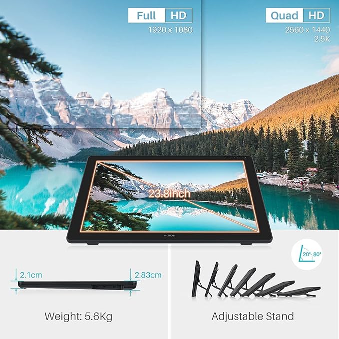 HUION Kamvas 24 QHD Drawing Tablet with Screen, 2.5K Graphics Art Tablet, 23.8inch Drawing Monitor USB-C Connection for Artist, Work with Mac, Windows, Linux, Android