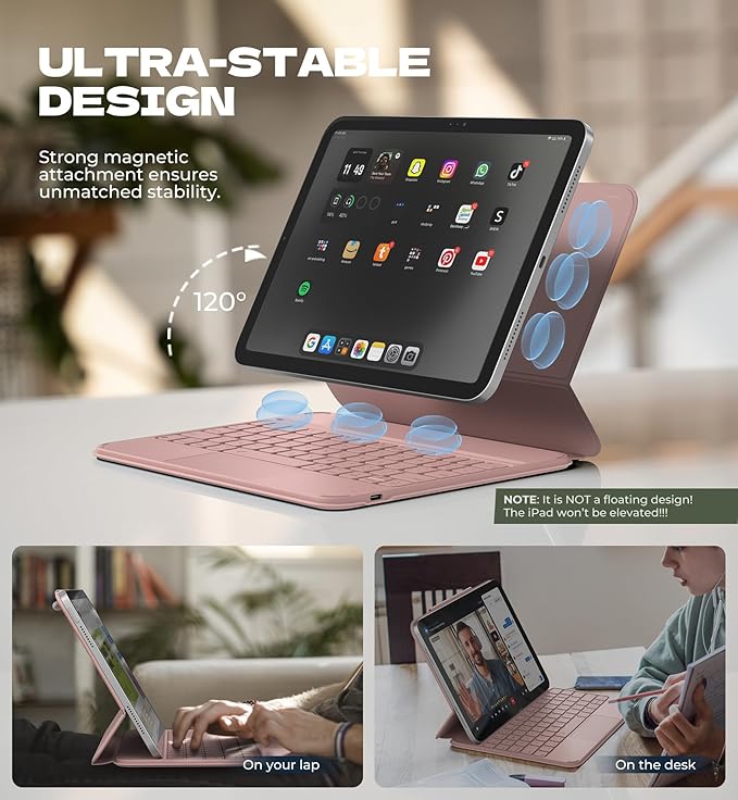 Dexnor for iPad (A16) 11th/10th Generation Case with Keyboard Ultra-Light Magnetic Detachable Folio Keyboard Cover Multi-Touch Trackpad Backlit for iPad 10th Gen 10.9" (2022)/11th Gen (2025), Pink