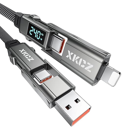4 in 1 USB C Cable with Wattage Display, 240W Flat Nylon Braided Multi Charge Cable with Data Sync, USB C Charging Cord Combo Type C/USB A/L Port for iPhone/iPad/Samsung/Laptop, 5FT