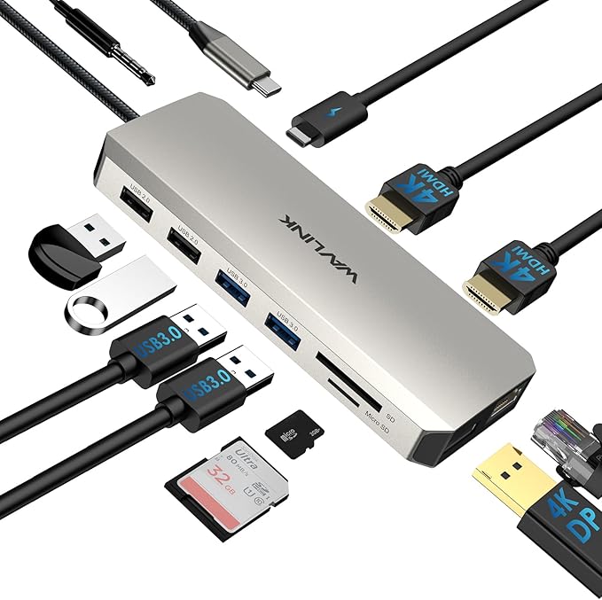 USB C Docking Station USB C to Dual HDMI Adapter USB C Hub Dual Monitor, 13 in 1 Multiport Triple Display Type C Dongle with Dual HDMI 4K, DP, PD Charger, 5 USB, Ethernet, SD TF Card Reader, Audio