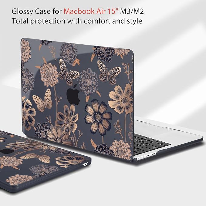 Teryeefi Compatible with M3 MacBook Air 15 inch Model A2941 [2023 2024], Designed Hard Shell Case & Keyboard Cover & Screen Protector,Flowers & Butterfly