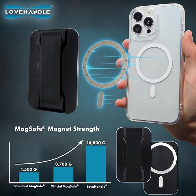 LoveHandle PRO MagSafe Compatible Magnetic Phone Grip w/Kickstand - Mount, Strap and Stand for Smartphone and Tablet - MagSafe Ring Included - Fits All Devices - Black Silicone