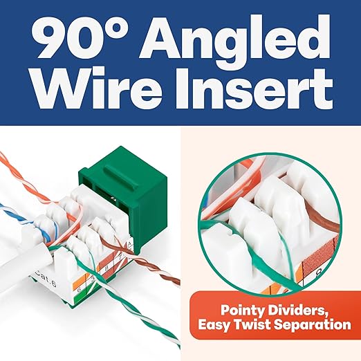 Everest 90° Angled RJ45 Cat6 Keystone Jacks 50-Pack in Green - Slim Profile Female RJ45 Connectors - Cat 6 Keystone Jack - Compatible with 90° Angled Speed Termination Tool - easyJACK (B094WB91H3)