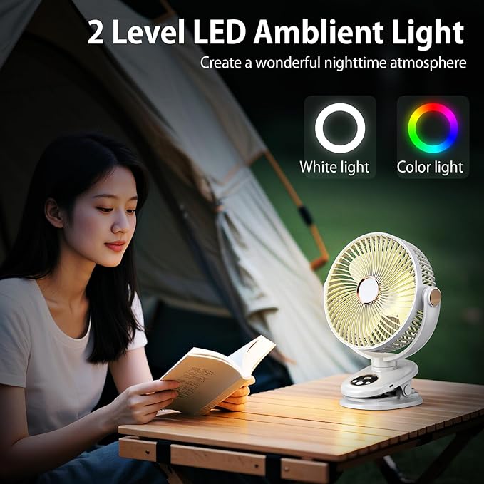 iNeibo 10000mAh Portable Clip on Fan, 90° Oscillating Fan, 8 Inch Rechargeable Battery Operated Desk Fan, Strong Airflow, 5 Speeds, Sturdy Clamp for Golf Cart Home Office Outdoor Travel (White)