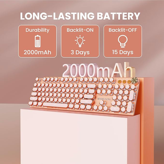 EWEADN V20 Typewriter Keyboard Wireless, 104 Keys Typewriter Style Mechanical with White Backlit, Media Knob, Pink Switch 2.4G/Bluetooth/USB-C Wired Retro Full Size Keyboard for Windows/Mac/PC-Pink