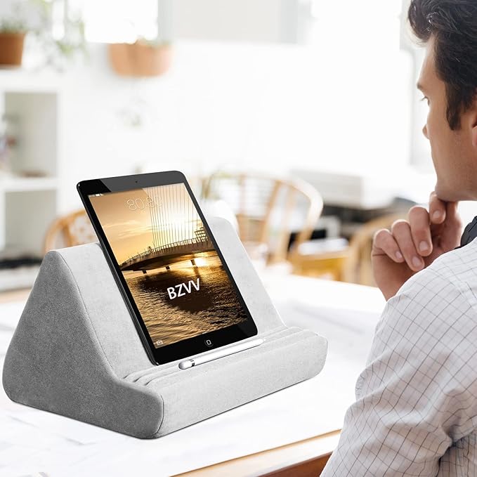 Soft Tablet Stand Pillow with Pocket,Tablet Cushion Stand,Adjustable 3 Viewing Angle,Lazy Holder Stand for Bed Sofa,Compatible with iPads Tablets eReaders Smartphones Books Magazines (Light Grey)…