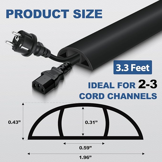 Floor Cord Cover for Wires on Floor Self Adhesive Cord Hider Floor Cable Management Wire Covers for Cords Protector Prevent Cable Trips Cord Cavity W 0.59" x H 0.31", Black, 3.3Ft