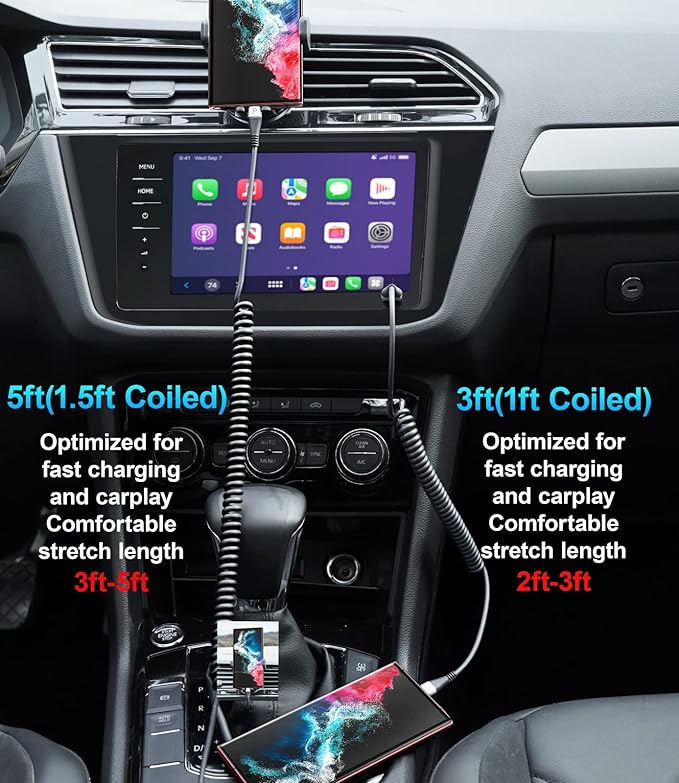 USB Type C Coiled Cable Fast Charging (3FT/5FT), 2Pack Android Auto Charging Cord for Car, Short USB A to USB C Charge Cable Compatible with iPhone 16/15/Pro Max/Samsung Galaxy S20 Note 10 and More