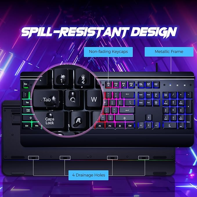 RisoPhy Gaming Keyboard, 104 Keys All-Metal Panel, Rainbow LED Backlit Silent Computer Keyboard, Wrist Rest, Multimedia Keys, Anti-Ghosting, Waterproof Light Up Wired Keyboard for PC Mac Gamer