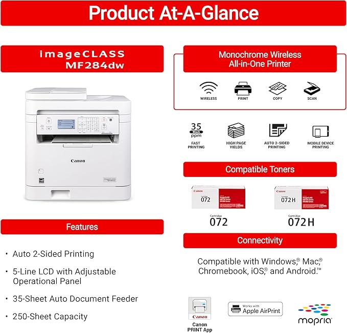 Canon imageCLASS MF284dw - Monochrome, Duplex, Wireless Laser Printer, Multifunction with Print, Copy, Scan, Auto Document Feeder, 1 Year Limited Warranty, 35 PPM, White