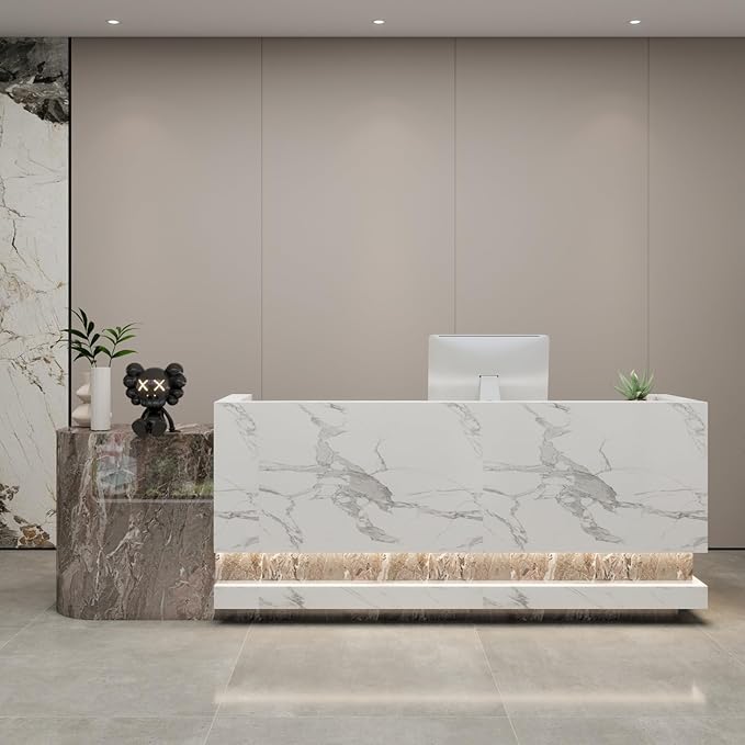 Front Desk Reception Counter - Lockable Storage & Keyboard Tray | Reception Desk with Counter, Customizable Large Counter Table (Grey+White, 72'')