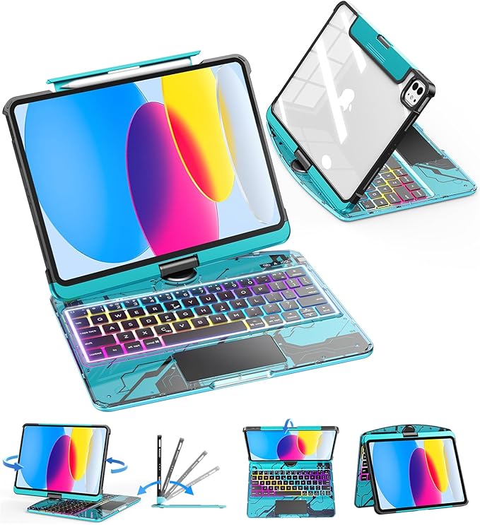 SIBEITU Keyboard Case for iPad A16 11th Gen 11" 2025 & 10th Gen 10.9" 2022, Clear Wireless Keyboard Protective Cover with Multi-Touch Trackpad, 7-Color Backlight & 3-Brightness, 360 Rotatable, Blue