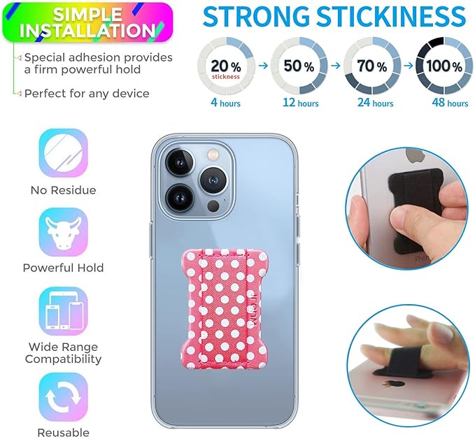 Universal Phone Grip for Smartphones - Phone Holder for Hand for Back of Phone - Wireless Charging Compatible (Dot Pink) - 2Pack