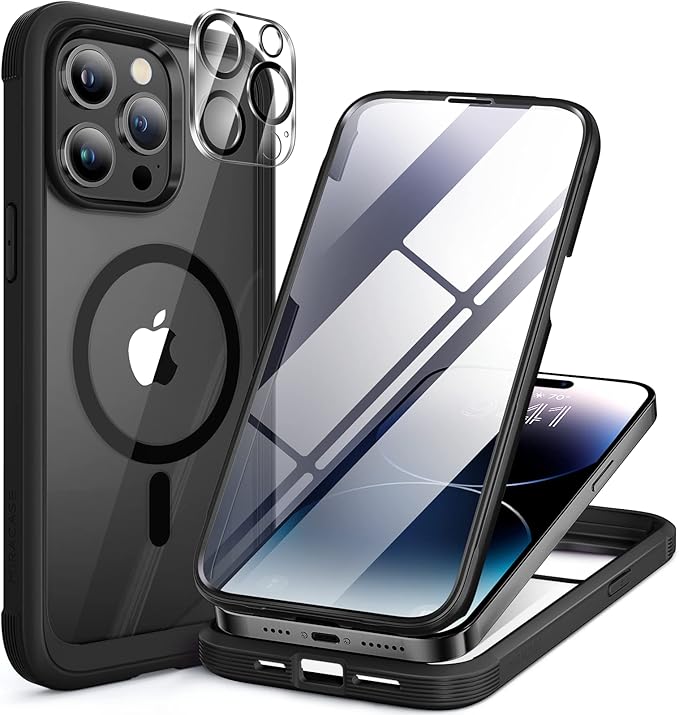 Miracase Magnetic for iPhone 14 Pro Case 6.1 inch, (Compatible with MagSafe) Upgrade Full-Body Clear Phone Bumper Case with Built-in 9H Tempered Glass Screen Protector, Magnetic Classic Black