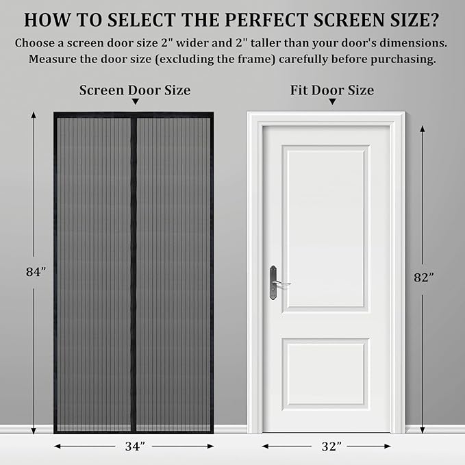Magnetic Screen Door - Self Sealing, Heavy Duty, Hands Free Mesh Partition Keeps Bugs Out Let Breeze in- Pet and Kid Friendly - Keep Open Feature (Black, Fit Door Size 32x 82 Inch)