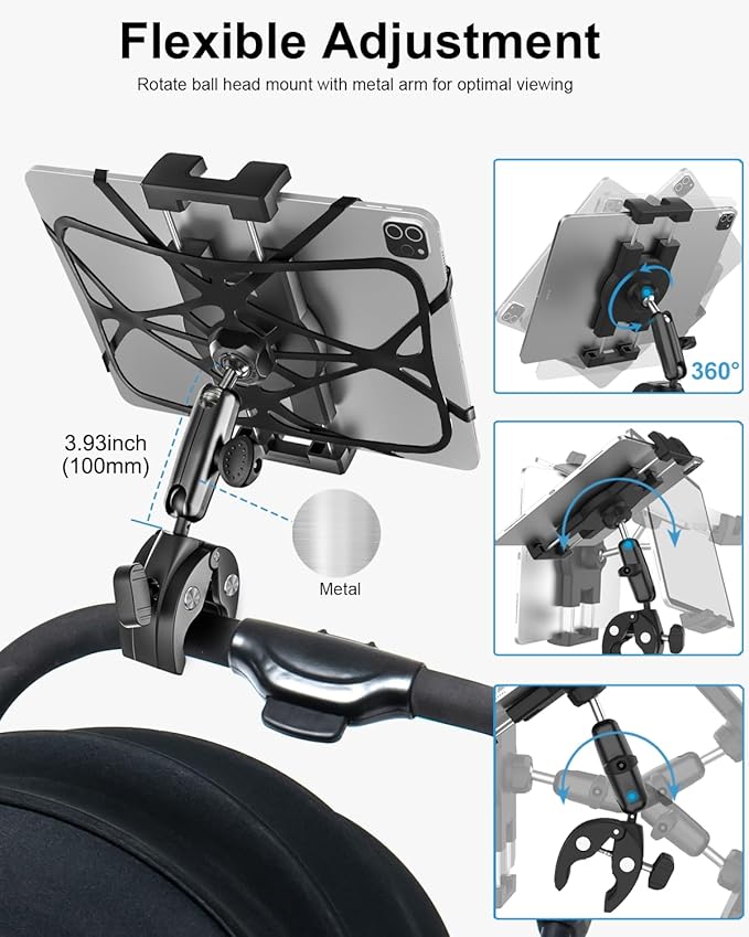 Metal iPad Tablet Mount for Boat Helm, Wheelchair Pole, Golf Cart, Stroller, Mic Stand, Fitness Bike, Road Mountain Bicycle - 360° Adjustable Handlebar Clamp for 4.7-13" iPad Pro, Air, Mini, Galaxy