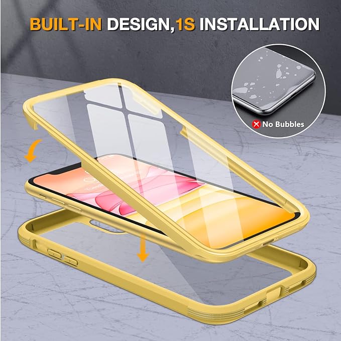Miracase Glass Series for iPhone 11 Case 6.1 inch, Upgraded Full-Body Rugged Phone Bumper Case Cover with Built-in 9H Tempered Glass Screen Protector and Camera Protector, Yellow