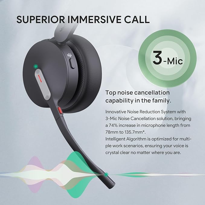 Yealink BH70 Wireless Bluetooth Headset with Microphone for Work, up to 35h Talking Battery Life, 3-Mic Noise Cancellation, 147g Lightweight Microsoft Teams Certified Headphone for Open Office, USB-A