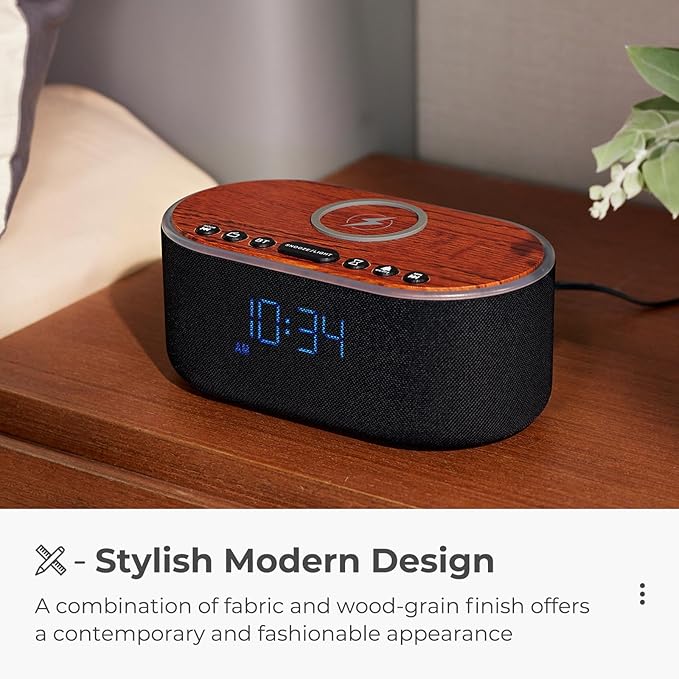uscce Alarm Clock Bluetooth FM Radio: 10W Stereo Sound Speaker - Fast Wireless Charging for iPhone Samsung - Dimmable Clock Radio for Bedroom