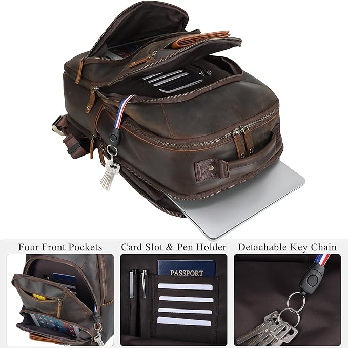 TIDING Men's Full Grain Leather Backpack Fits 16" Laptop, Vintage Business Casual Daypack 19L Overnight Travel Rucksack