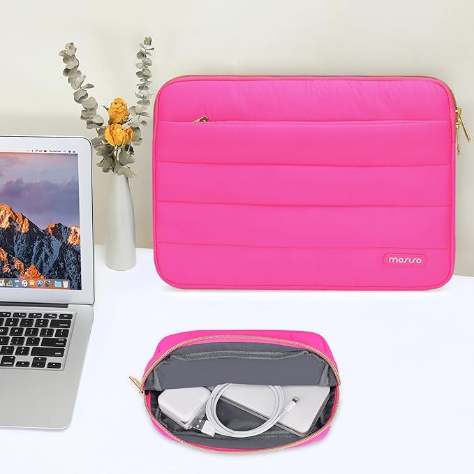MOSISO 15-15.6 inch Laptop Case, 16 inch Puffy Laptop Sleeve Compatible with MacBook Pro 16, HP Dell ASUS Acer Toshiba Lenovo Notebook Computer, Polyester Horizontal Bag with Small Case, Rose Red
